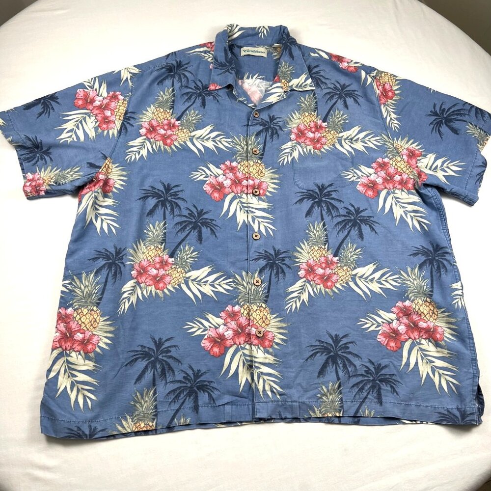 Caribbean Hawaiian Shirt XXL Palm Tree Pineapple Floral Mens Short Sleeve Button - Picture 2 of 11